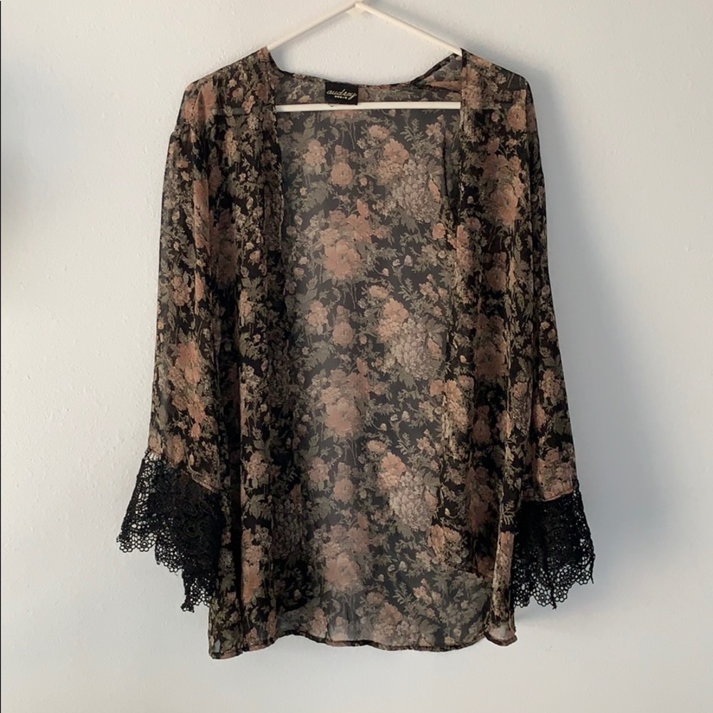 Black Floral Shall with Lace Sleeves